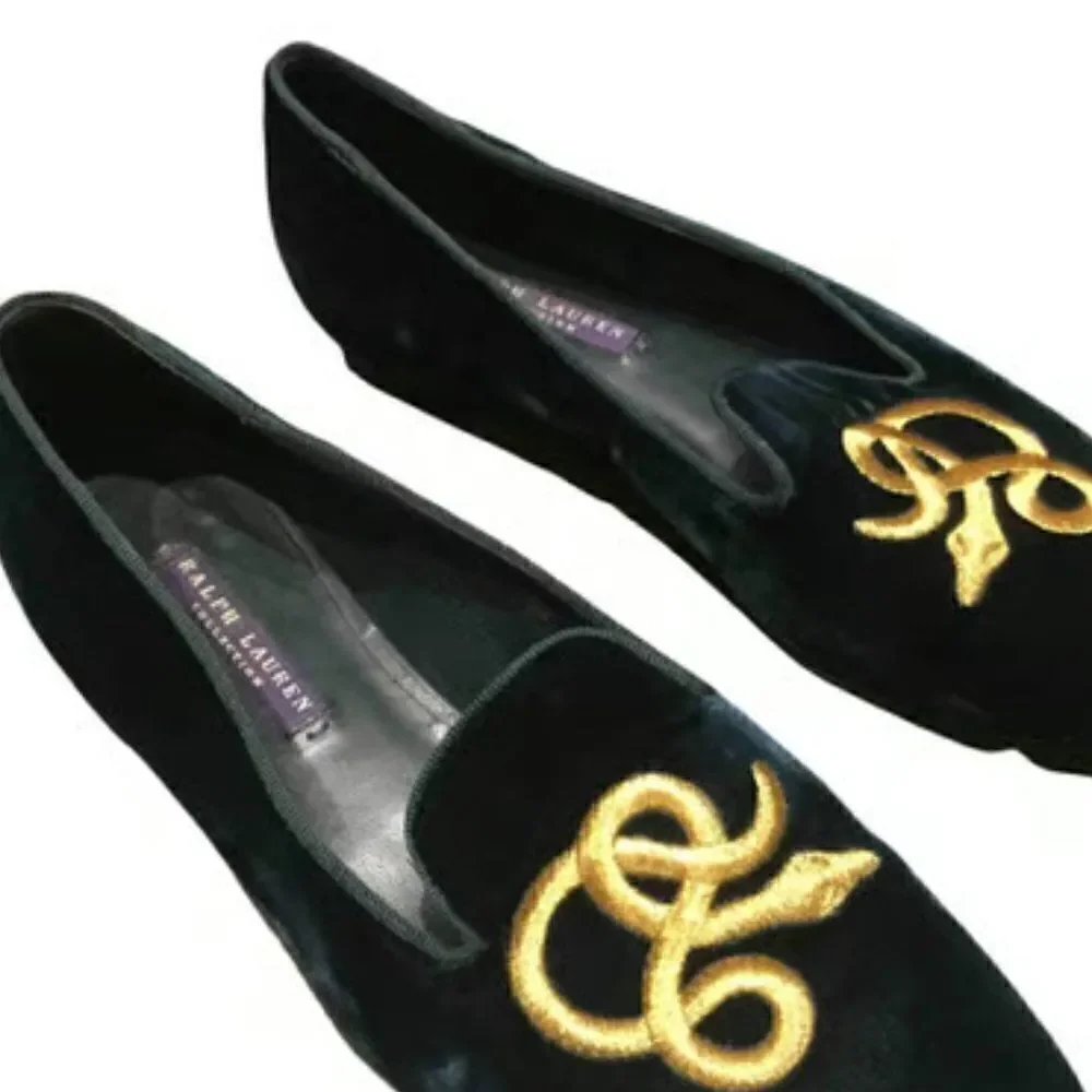 Ralph Lauren Collection Black Velvet Gold Bullion Embroidered Snake Slipper